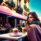 Woman at street cafe enjoying fancy dessert and tea with people in background