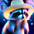 Vibrant raccoon in straw hat with glowing forest backdrop