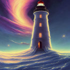 Illustrated lighthouse in twilight ocean scene with purple clouds and stars