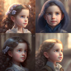 Portraits of young girl: varied lighting, clothing, expressions, hair styling