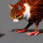 Digital Art: Orange and White Cat with Green Eyes Playing with Feather Toy