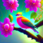 Colorful Bird Illustration Perched on Branch with Pink Flowers