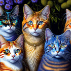 Vibrant Five Cats Illustration with Decorative Collars