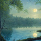 Nighttime Forest Scene: Full Moon Reflected on Still Lake, Lush Trees, Starry Sky