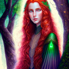 Digital painting: Woman with red hair in green medieval dress among trees