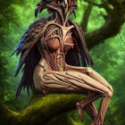 Fantasy humanoid creature with bird-like features in lush forest setting