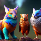 Colorful fox-like creatures with unique fur and feathers in mystical forest.