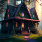 Cozy cottage in mystical forest with glowing windows