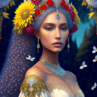 Regal woman with floral crown and jewelry in twilight setting