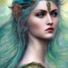 Ethereal blue-haired female with golden headpieces on starry background