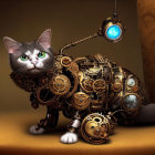 Steampunk-inspired cat digital artwork with mechanical body and clock details