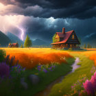 Tranquil landscape with cozy house, wildflowers, winding path, and stormy sky