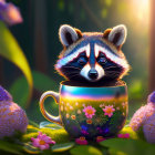 Illustration of raccoon in floral mug with foliage and flowers