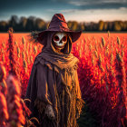 Grim Reaper costume with skull mask in red field at sunset