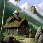 Thatched Roof Stone Cottage in Forest Clearing with Cloaked Figure