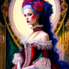 Pastel blue hair lady in red and white dress with red flowers, golden mirror and candles.