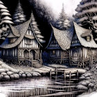 Monochromatic fantasy winter landscape with Tudor-style houses by frozen pond