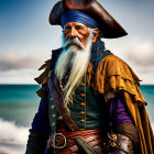 Bearded pirate in tricorn hat and purple coat by the sea