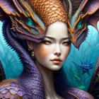 Serene woman with blue and orange dragons in mystical setting