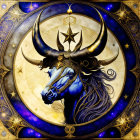 Celestial-themed bull's head with golden horns on blue and gold background