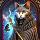 Fantasy artwork of majestic cat in regal cloak with mystical backdrop