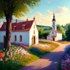 Charming rural scene with white church and blossoming flowers