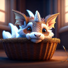 Whimsical dragon-like creature in cozy basket with soft lighting