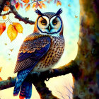 Colorful owl illustration on branch with sunset sky