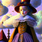 Illustration of solemn Victorian girl in top hat with dreamy backdrop