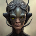 Detailed Digital Portrait of Alien Being with Large Yellow Eyes, Ornate Horns, and Textured Skin