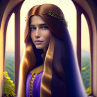 Woman with long hair and floral crown gazes through ivy-framed window at twilight.