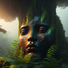 Majestic stone face in jungle with lush ferns and warm light