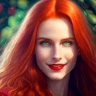 Digital portrait of woman with red hair, fair skin, blue eyes, surrounded by roses