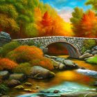 Serene stone bridge over autumn stream with sunset glow