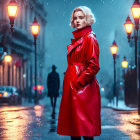 Woman in red coat on snowy, lamp-lit street at night with blurred figure