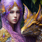 Fantasy Artwork: Young Woman with Purple Hair and Golden Dragon