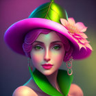 Digital artwork: Woman with purple hair, pink hat, and colorful background