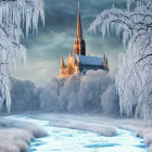 Frozen Trees and Gothic Cathedral in Twilight Winter Scene