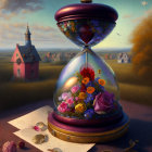 Hourglass with flowers, letter, seal, landscape, and dove in vibrant image