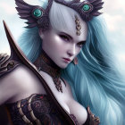 Fantasy Artwork: Pale-skinned Woman in Elaborate Owl-themed Armor