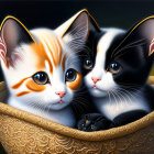 Two cute kittens in orange and black and white colors, cozy in a golden basket