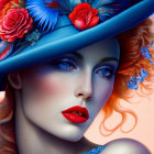 Vivid Portrait of Woman with Red Hair and Striking Blue Hat