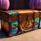 Vintage Wooden Chest with Flower and Butterfly Motifs under Purple Tree Canopy