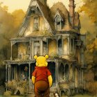 Winnie the Pooh and Piglet by old house in autumn landscape