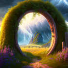 Enchanted archway with lush green plants leading to mystical valley under stormy sky