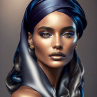 Portrait of woman with striking blue eyes and blue headscarf, detailed makeup, gold earrings