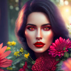 Digital portrait of woman with striking makeup among red and yellow flowers in forest setting