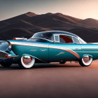 Classic Blue and White Car with Tailfins in Desert Setting at Sunset