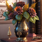 Large Maroon Flowers and Yellow Sprigs in Black Vase on Elegant Interior Background