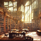 Opulent library with tall bookshelves and sunlight beams